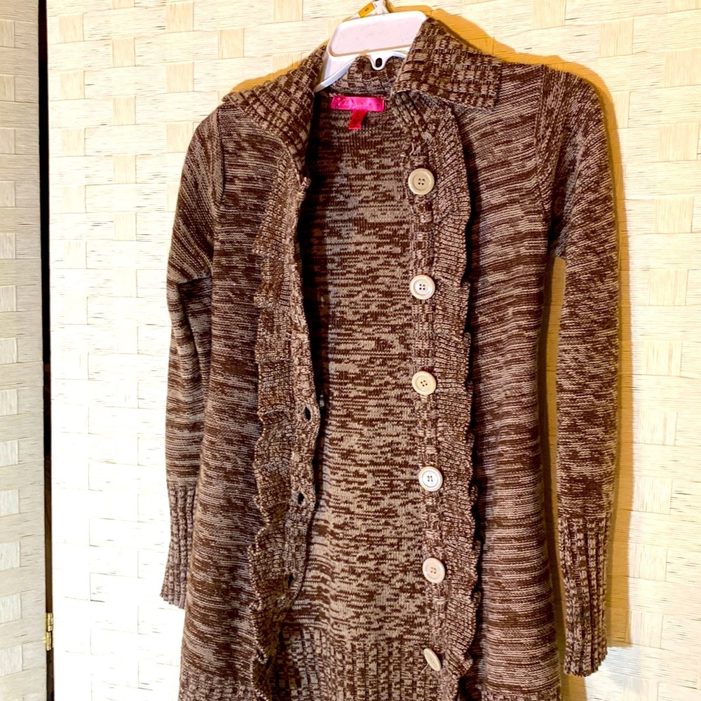 CHERRY STIX BROWN & CREAM CARDIGAN SWEATER RUFFLED FRONT Size Large BUTT… - Picture 12 of 14
